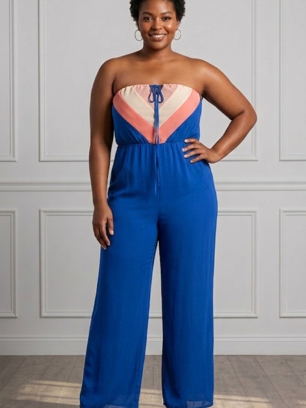 CHIC Navy Blue Colorblock Strapless Wide-Leg Jumpsuit